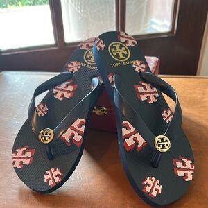 Tory Burch Black and Red Logo Flip Flops